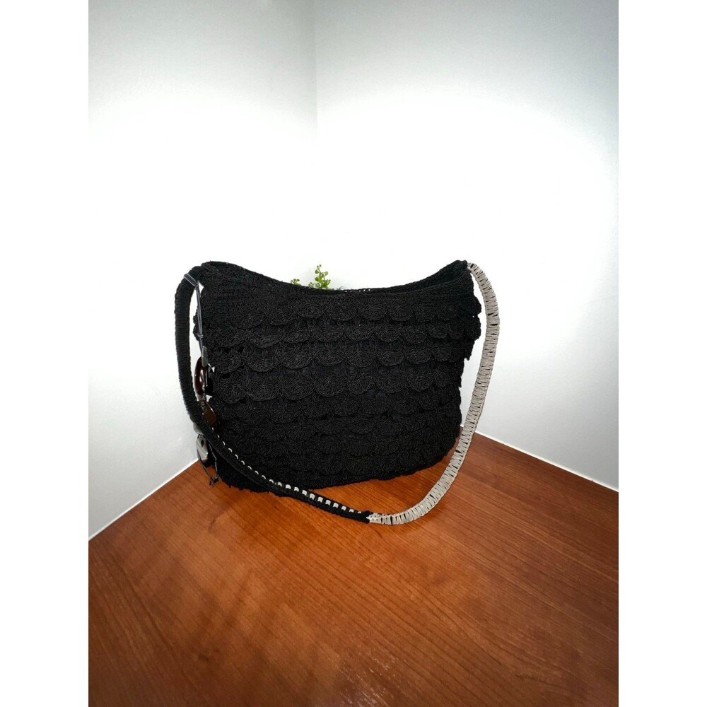 EUC Stone Mountain Black Weave Shoulder Bag Woven Handles Boho Style Scallop
